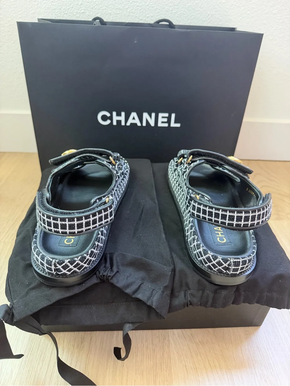 CHANEL Black White Tweed Double-Strap Sandals with Gold CC Buttons